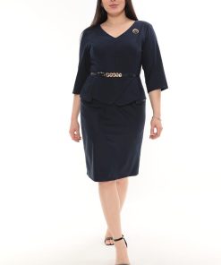 1.2 Dark Blue Long Sleeve Belted Peplum Midi Dress in Kenya
