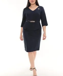 1.2 Dark Blue Long Sleeve Belted Peplum Midi Dress in Kenya