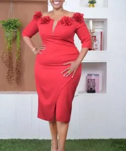 Alternative view of Stunning red off-shoulder midi dress